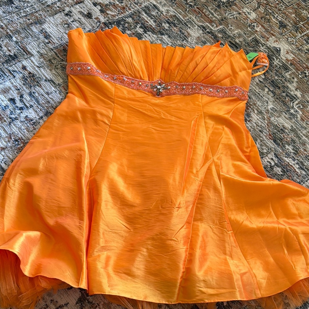 Orange Strapless Dress with Embellished Waist